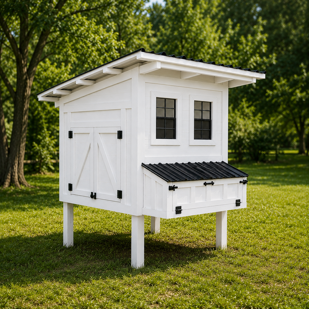 The Brazos craftsman-style chicken coop with black trim