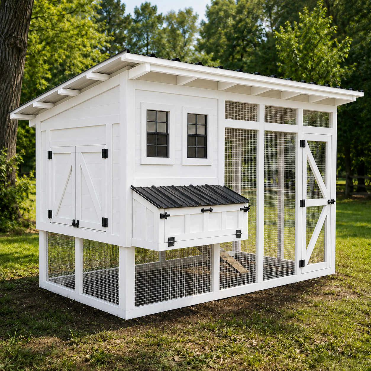 The Homestead white farmhouse chicken coop with black metal roof and attached run